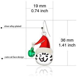 RareLove Cute Cat with Red Xmas Hat Green Bell Ring Pierced Dangle Christmas Earrings CZ Crystal Silver Plated Alloy Holiday For Women Girls