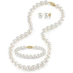 THE PEARL SOURCE 14K Gold 9-10mm Round White Freshwater Cultured Pearl Necklace, Bracelet & Earrings Set in 16'' Choker Length for Women