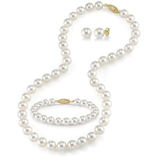 THE PEARL SOURCE 14K Gold 9-10mm Round White Freshwater Cultured Pearl Necklace, Bracelet & Earrings Set in 16'' Choker Length for Women