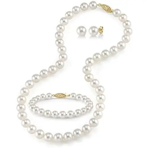 THE PEARL SOURCE 14K Gold 9-10mm Round White Freshwater Cultured Pearl Necklace, Bracelet & Earrings Set in 16'' Choker Length for Women THE PEARL SOURCE 14K Gold 9-10mm Round White Freshwater Cultured Pearl Necklace, Bracelet & Earrings Set in 16'' Choker Length for Women