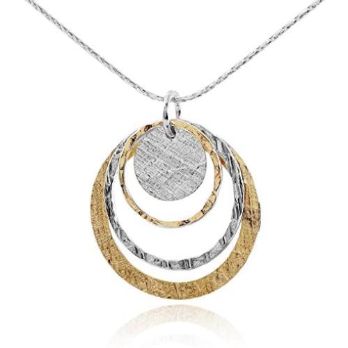 Two Tone 925 Sterling Silver & 14k Gold Filled Graduated Circles Pendant Necklace, 18”