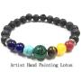 Chakra Bracelet For Women Real Stones - 7 Chakra Beads Bracelet - Healing Bracelet Hand Painted Lotus Diffuser Stretch Bracelet For Women Men Lava Stone 7.25'' Length