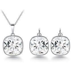 Bella Drop Earrings and Necklace set Made with Swarovski Crystals, Rhodium Plated Square Crystal Earring Pendant Choker Jewelry set for Women and Girls