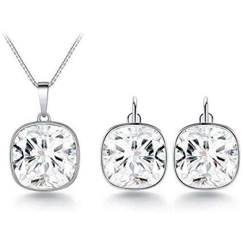 Bella Drop Earrings and Necklace set Made with Swarovski Crystals, Rhodium Plated Square Crystal Earring Pendant Choker Jewelry set for Women and Girls