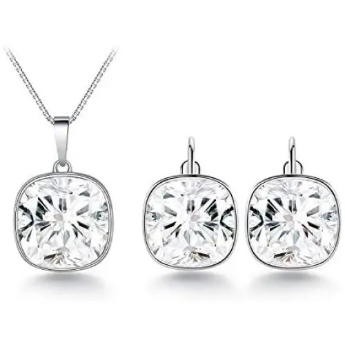 Bella Drop Earrings and Necklace set Made with Swarovski Crystals, Rhodium Plated Square Crystal Earring Pendant Choker Jewelry set for Women and Girls Bella Drop Earrings and Necklace set Made with Swarovski Crystals, Rhodium Plated Square Crystal Earring Pendant Choker Jewelry set for Women and Girls