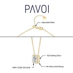 PAVOI 14K Gold Plated Post Faux Diamond Round Solitaire Pendant Halo Necklace | Gold Necklace for Women | Slider Adjustable