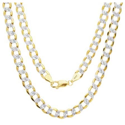 Nuragold 10k Yellow Gold 5.5mm Cuban Chain Curb Link Diamond Cut Pave Two Tone Pendant Necklace, Mens Womens Lobster Lock 18'' 20'' 22'' 24'' 26'' 28'' 30''