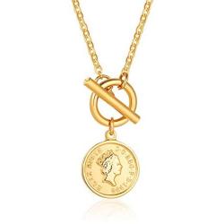 Charm Coin Satinless Steel Necklace for Women Girls 18K Gold Plated Toggle Medallion Chain Queen Goddess Pendant Necklaces Dainty Worship Keepsake Jewelry Valentine for Lover