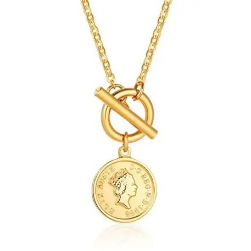 Charm Coin Satinless Steel Necklace for Women Girls 18K Gold Plated Toggle Medallion Chain Queen Goddess Pendant Necklaces Dainty Worship Keepsake Jewelry Valentine for Lover