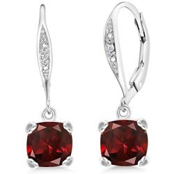Gem Stone King 925 Sterling Silver Red Garnet and White Diamond Earrings, Cushion Cut Gemstone Birthstone 3.71 Cttw
