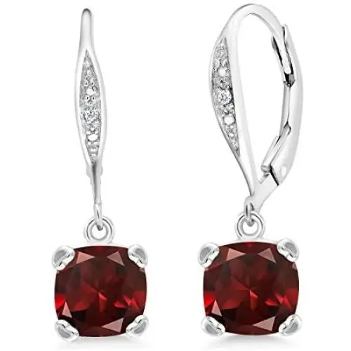 Gem Stone King 925 Sterling Silver Red Garnet and White Diamond Earrings, Cushion Cut Gemstone Birthstone 3.71 Cttw