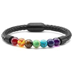JOVIVI Personalized Custom Natural Agate/Tiger Eye/Lava Rock Stone Beads Essential Oils Diffuser Bracelet Healing for Men Women Leather Cuff Bracelets Stainless Steel Magnetic Buckle