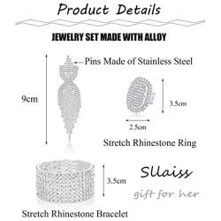 Sllaiss Rhinestone Bridal Jewelry Set for Women Sparkling Rhinestone Stretch Bracelet Ring Dangle Tassel Earrings Set Costume Jewelry