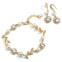 Mariell 14K Gold Vine & Ivory Pearl CZ Bridal Bracelet & Earrings Set - Wedding Jewelry for Bridesmaids