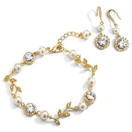 Mariell 14K Gold Vine & Ivory Pearl CZ Bridal Bracelet & Earrings Set - Wedding Jewelry for Bridesmaids Mariell 14K Gold Vine & Ivory Pearl CZ Bridal Bracelet & Earrings Set - Wedding Jewelry for Bridesmaids