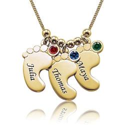 AOBOCO Sterling Silver Personalized Baby Feet Necklace Custom Name or Date Engraved Pendant with Austria Birthstone for Mom & Kid Mothers Day Jewelry Gift