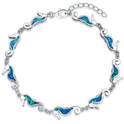 Nautical Seahorse Blue Created Opal Charm Link Bracelet For Women 925 Sterling Silver