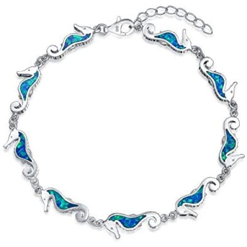 Nautical Seahorse Blue Created Opal Charm Link Bracelet For Women 925 Sterling Silver