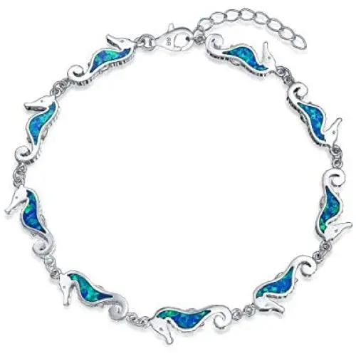 Nautical Seahorse Blue Created Opal Charm Link Bracelet For Women 925 Sterling Silver Nautical Seahorse Blue Created Opal Charm Link Bracelet For Women 925 Sterling Silver