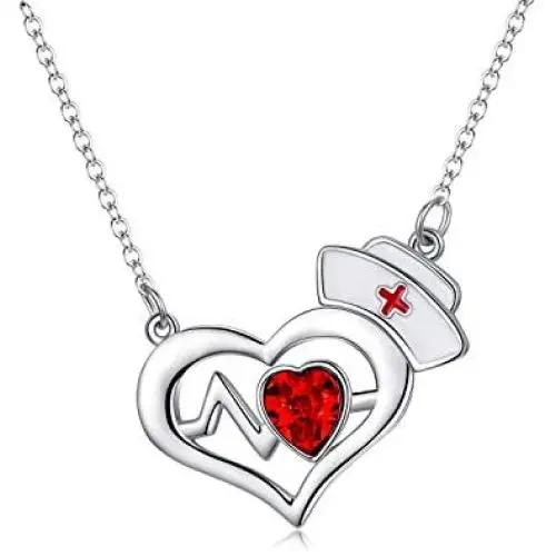 AOBOCO Nurse Necklace Sterling Silver Nurse Hat Charm with EKG Heartbeat Heart Necklace for Nurse Doctor Medical Student, Crystal from Austria AOBOCO Nurse Necklace Sterling Silver Nurse Hat Charm with EKG Heartbeat Heart Necklace for Nurse Doctor Medical Student, Crystal from Austria