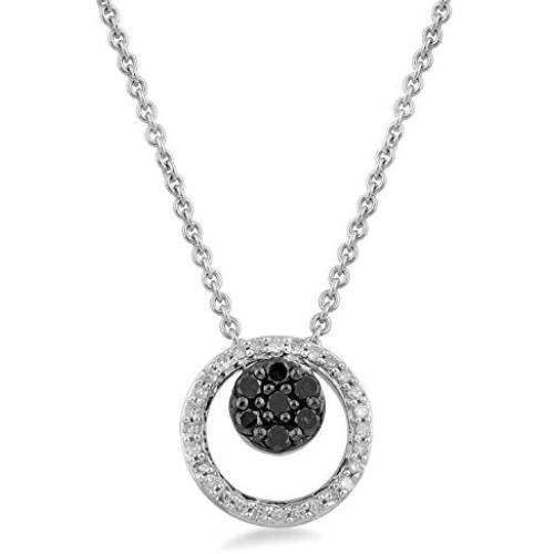 Jewelili Sterling silver 1/4 cttw white and black round diamond pendant necklace, 18'' rope chain