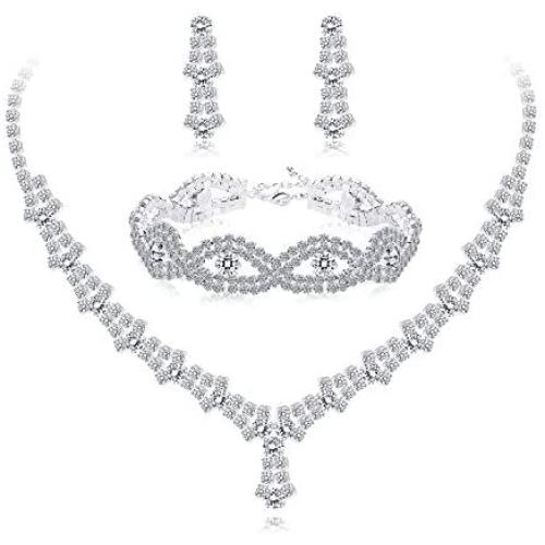 Udalyn Rhinestone Necklace and Earrings Set for Women Bridal Jewelry Set for Wedding with Crystal Bracelet