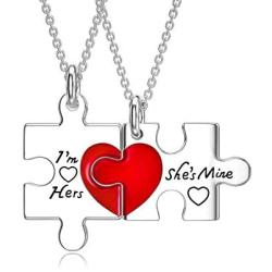 ROMANTIC WORK Lesbian Couples Gifts 2 Pcs Sterling Silver Jigsaw Puzzle Piece Necklace Matching Couple Pendant LGBT Jewelry Set for Women Couple Lover Girlfriend