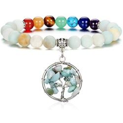 Jovivi 7 Chakras Healing Crystal Bracelet Natural Round Stone Beads Yoga Balancing Quartz Jewelry Tree of Life Tumbled Gemstone Stretch Bracelet w/Gift Box