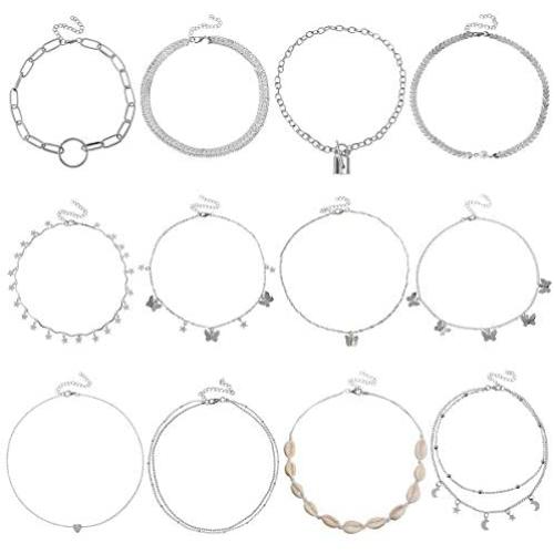 AIDSOTOU 12 Pcs Choker Necklaces Set for Teen Girls Women Bohemian Chain Chokers Gift Pack