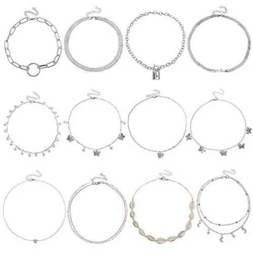 AIDSOTOU 12 Pcs Choker Necklaces Set for Teen Girls Women Bohemian Chain Chokers Gift Pack