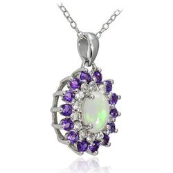 GemStar USA Sterling Silver Ethiopian Opal, African Amethyst & White Topaz Oval Flower Necklace