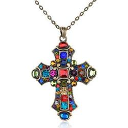 Alilang Ornate Antique Golden Tone Colorful Rhinestone Cross Pendant Necklace