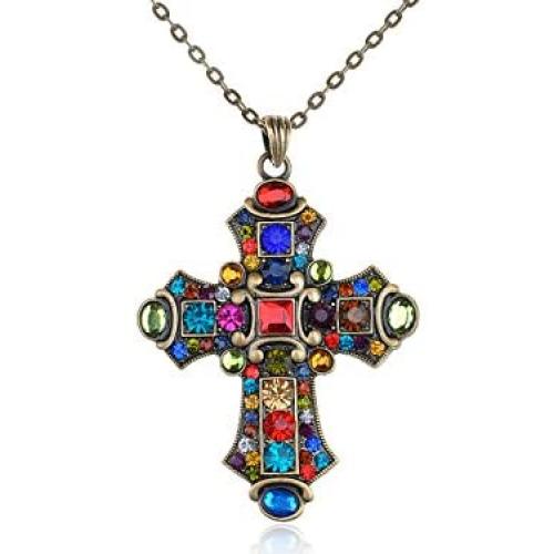 Alilang Ornate Antique Golden Tone Colorful Rhinestone Cross Pendant Necklace