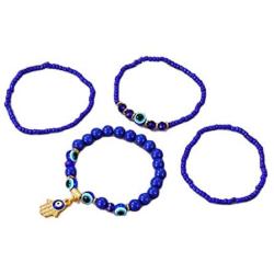 4 Pieces Evil Eye Bead Bracelets Lucky Hamsa Hand of Fatima Resin Beaded Stretch Bracelet Handmade Blue Eye Nazar Amulet Protection Bracelets Set Jewelry for Women Men