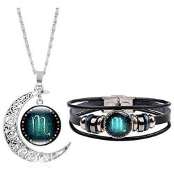 Dcfywl731 Fashion 12 Twelve Constellations Hand Woven Leather Bracelet and Moon Pendant Necklace Zodiac Sign Jewelry Set
