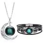 Dcfywl731 Fashion 12 Twelve Constellations Hand Woven Leather Bracelet and Moon Pendant Necklace Zodiac Sign Jewelry Set