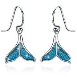 Mermaid Tail Drop Dangle Earrings, 925 Sterling Silver Mermaid Tail Ring Ocean Sea Whale’s Tail Earrings for Women Girls