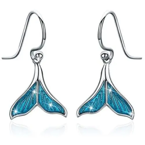 Mermaid Tail Drop Dangle Earrings, 925 Sterling Silver Mermaid Tail Ring Ocean Sea Whale’s Tail Earrings for Women Girls