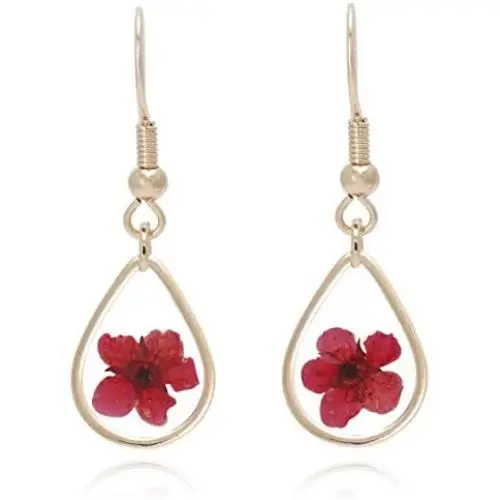 BONALUNA Pressed Flower Yellow Gold Plated Tear Drop Earrings