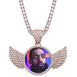 GUCY Personalized Custom Picture/Photo Pendant Necklace Women Men Iced Out Round Wings Heart Necklace Tennis Chain