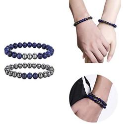 Lullabb 6pcs Hematite Magnetic Couple Therapy Bracelet for Men Women Natural Gemstones Stretch Beaded Reiki Healing Bracelets Anxiety Relief for Carpel