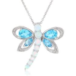 Jewelili Sterling Silver Multi-Gems and Genuine White Diamond Dragonfly Pendant Necklace, 18'' Rolo chain