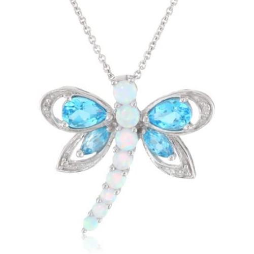 Jewelili Sterling Silver Multi-Gems and Genuine White Diamond Dragonfly Pendant Necklace, 18'' Rolo chain