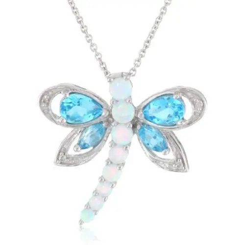 Jewelili Sterling Silver Multi-Gems and Genuine White Diamond Dragonfly Pendant Necklace, 18'' Rolo chain Jewelili Sterling Silver Multi-Gems and Genuine White Diamond Dragonfly Pendant Necklace, 18'' Rolo chain