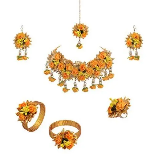 Zephyrr Flower Jewellery Set for Women and Girls: Haldi Baby Shower, Mehndi Godbharai Gota Patti Necklace Set With Maang/Tikka/Earrings/Bangles/Finger Ring, Haldi, Fashion Jewellery. Zephyrr Flower Jewellery Set for Women and Girls: Haldi Baby Shower, Mehndi Godbharai Gota Patti Necklace Set With Maang/Tikka/Earrings/Bangles/Finger Ring, Haldi, Fashion Jewellery.
