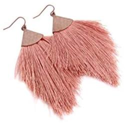 Bohemian Silky Thread Tassel Statement Drop Earrings, Strand Fringe Lightweight Feather Shape Dangles, Chandelier Duster, Stuck Womens Earrings