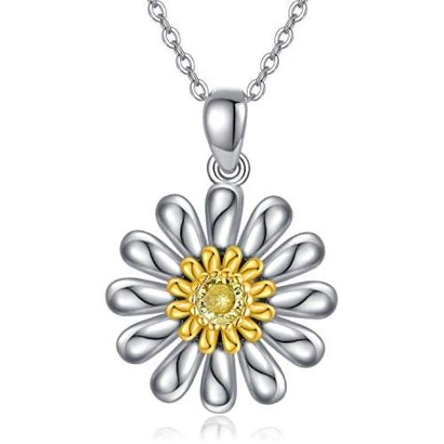 TRISHULA Yellow Sunflower Pendant Necklace, Sterling Silver Butterfly Daisy Flower Heart Charm Necklace Jewelry Gift for Women Girls 18''+2'' (Gift Box Included)