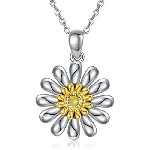 TRISHULA Yellow Sunflower Pendant Necklace, Sterling Silver Butterfly Daisy Flower Heart Charm Necklace Jewelry Gift for Women Girls 18''+2'' (Gift Box Included)