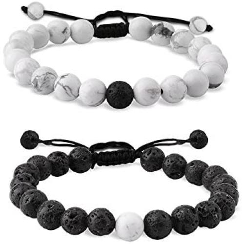 EnjoIt Distance Bracelet Black Matte Agate & White Howlite Energy Stone Beads Bracelet Set Couple Bracelet