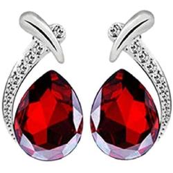 Harlorki Womens Shiny Crystal Rhinestone Silver Plated Pendent Chain Necklace Stud Earring Costume Fashion Jewelry Set (Red)